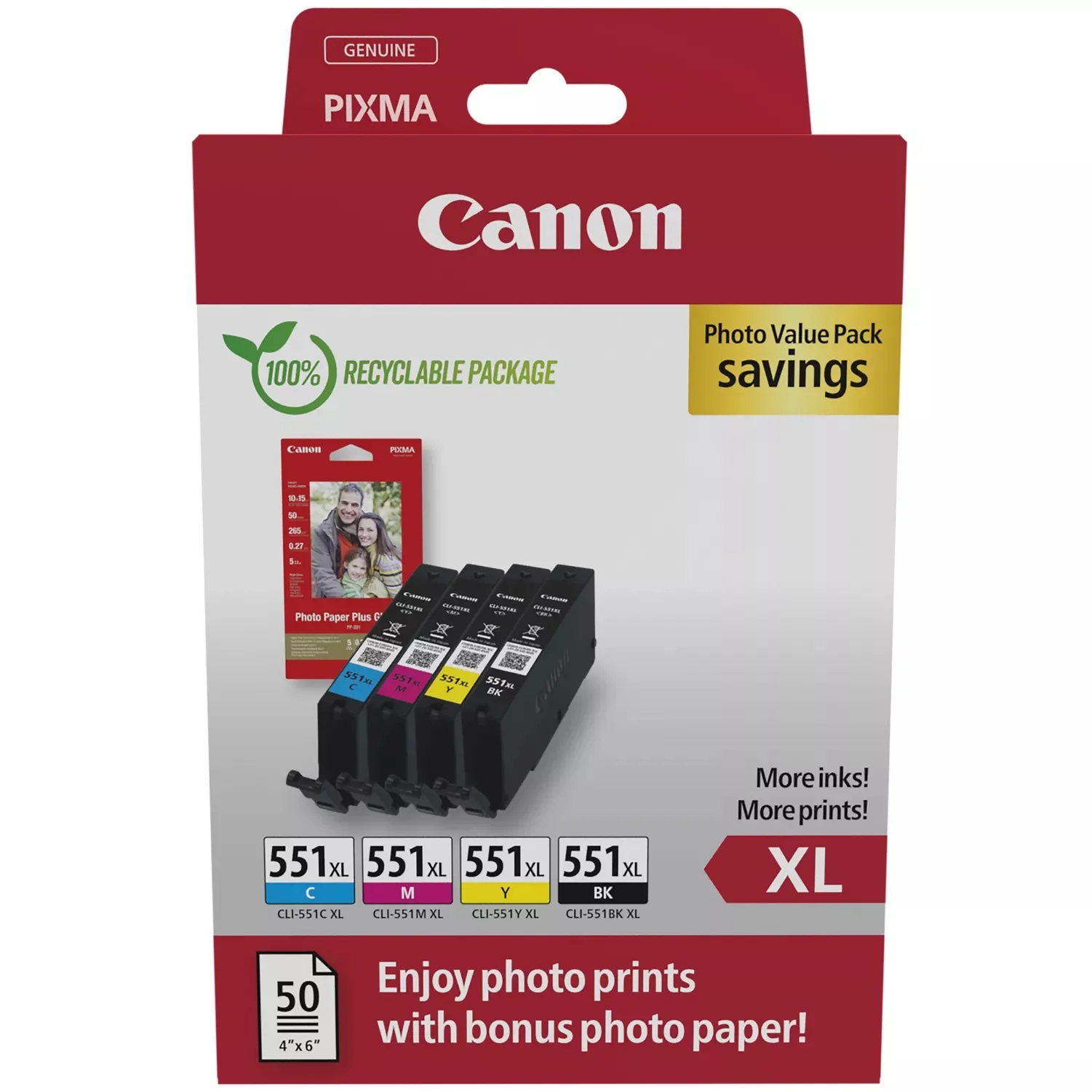Canon CLI-551XL High Yield Genuine Ink Cartridges, Pack of 4 (Black, Cyan, Magenta, Yellow); Includes 50 Sheets of 4x6 Canon Photo Paper - 6443B008