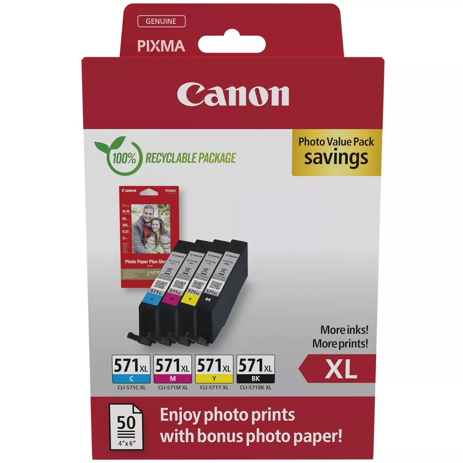 Canon CLI-571XL High Yield Genuine Ink Cartridges, Pack of 4 (Black, Cyan, Magenta, Yellow); Includes 50 Sheets of 4x6 Canon Photo Paper - 0332C006