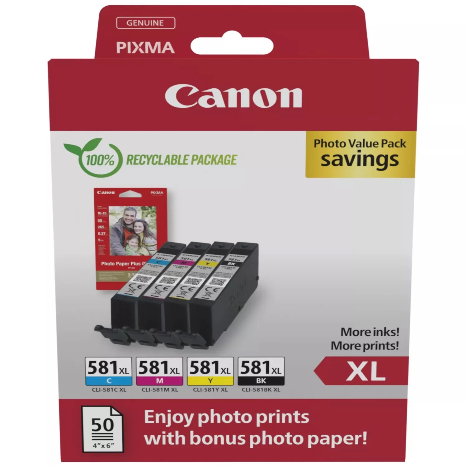 Canon CLI-581XL High Yield Genuine Ink Cartridges, Pack of 4 (Black, Cyan, Magenta, Yellow); Includes 50 Sheets of 4x6 Canon Photo Paper - 2052C006
