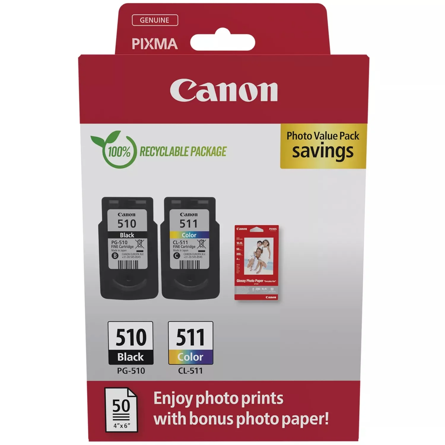 Canon PG-510 / CL-511 Genuine Ink Cartridges, Pack of 2 (1 x Black, 1 x Colour), Includes 50 sheets of 4x6 Canon Photo Paper - 2970B017k