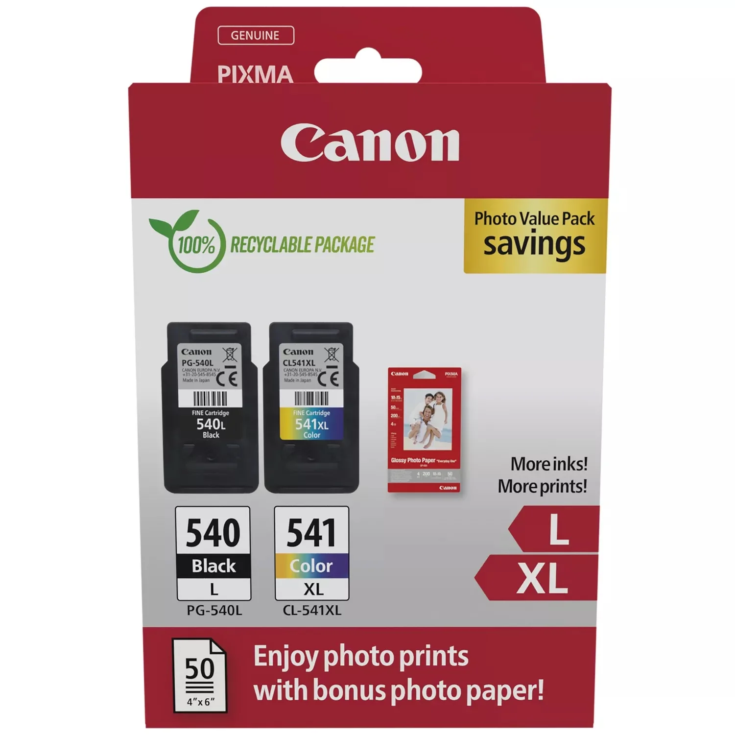 Canon PG-540L / CL-541XL High Yield Genuine Ink Cartridges, Pack of 2 (Colour & Black); Includes 50 Sheets of 4x6 Canon Photo Paper - 5224B012