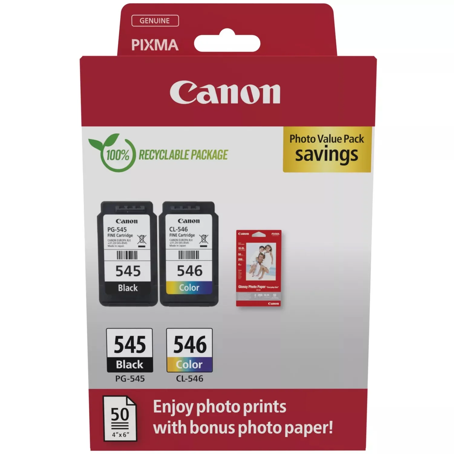 Canon PG-545 / CL-546 Genuine Ink Cartridges, Pack of 2 (1 x Black, 1 x Colour); Includes 50 sheets of 4x6 Canon Photo Paper - 8287B008