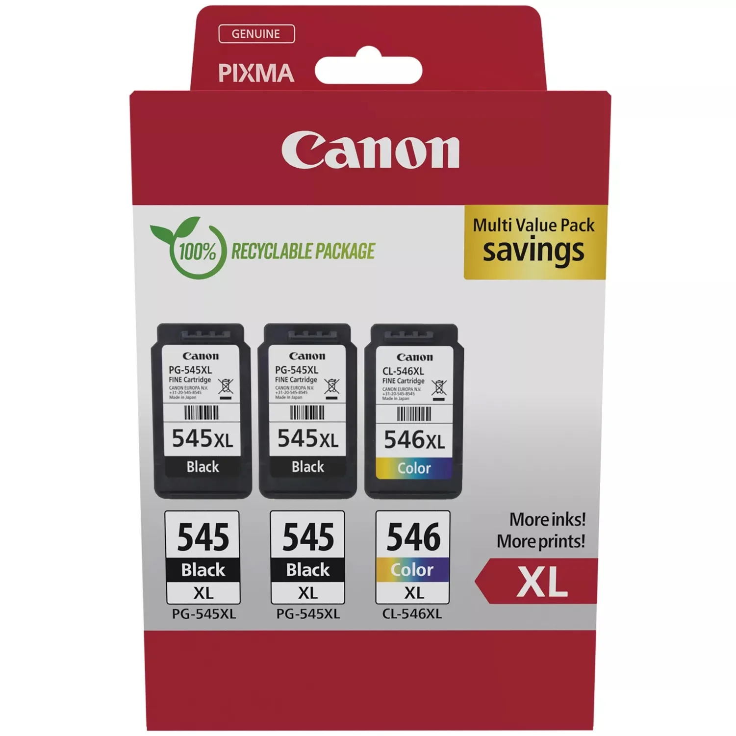 Canon PG-545XL x 2 / CL-546XL High Yield Genuine Ink Cartridges, Pack of 3 (2 x Black, 1 x Colour) - 8286B013