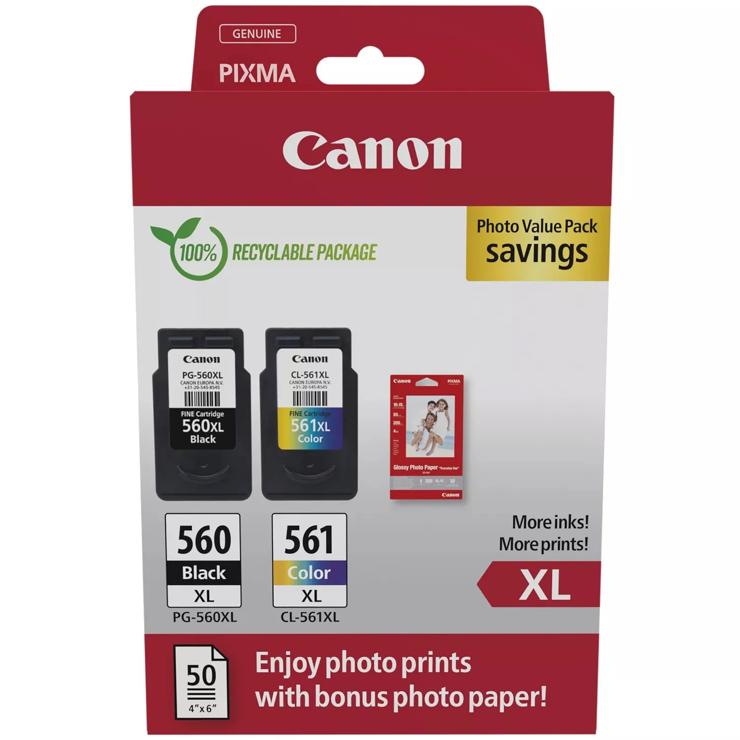 Canon PG-560XL / CL-561XL High Yield Genuine Ink Cartridges, Pack of 2 (Colour & Black); Includes 50 Sheets of 4x6 Canon Photo Paper - 3712C008