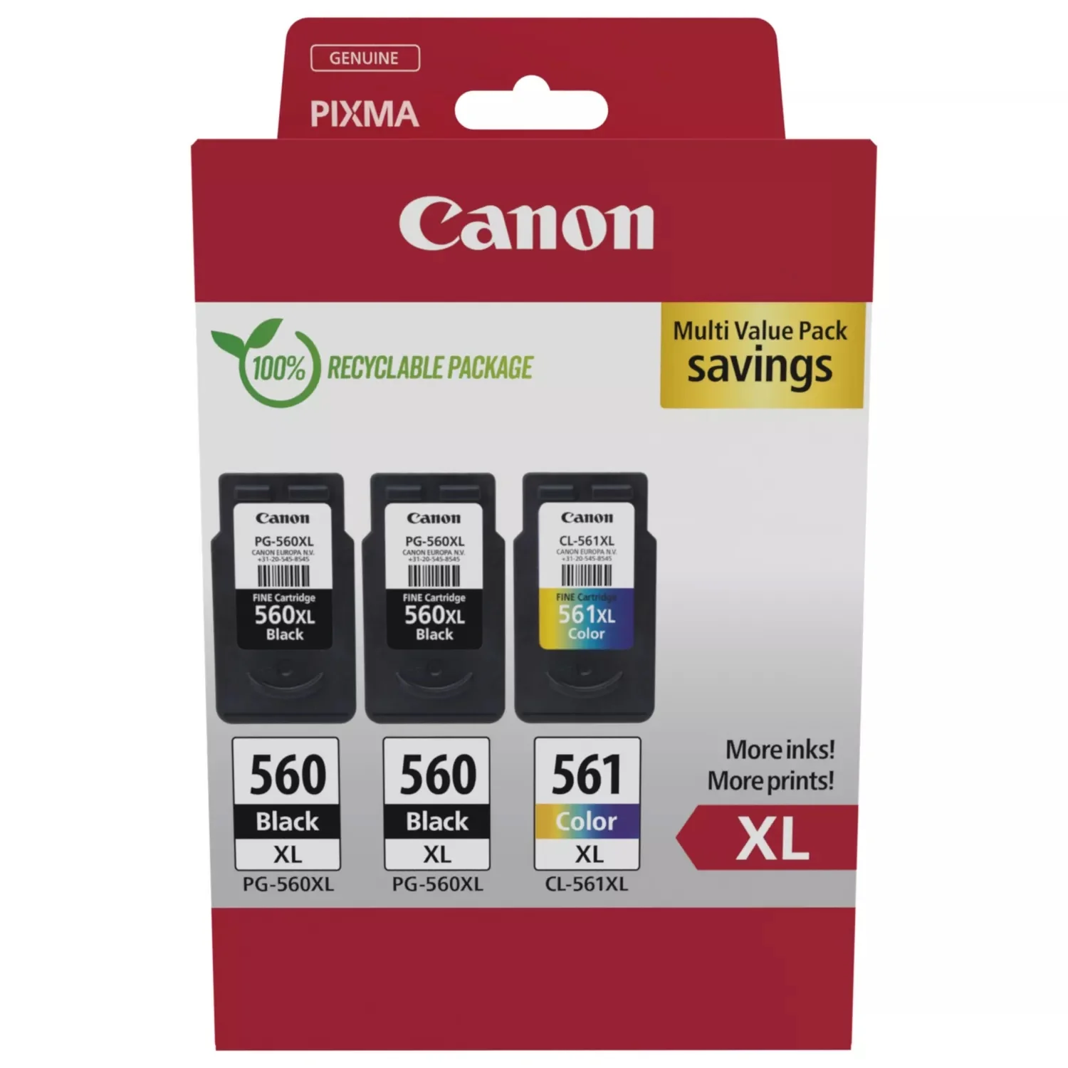 Canon PG-560XL x 2 / CL-561XL High Yield Genuine Ink Cartridges, Pack of 3 (2 x Black, 1 x Colour) - 3712C009