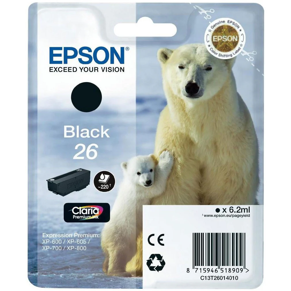 Epson Original T26 Black Claria Inkjet Cartridge (Polar Bear)