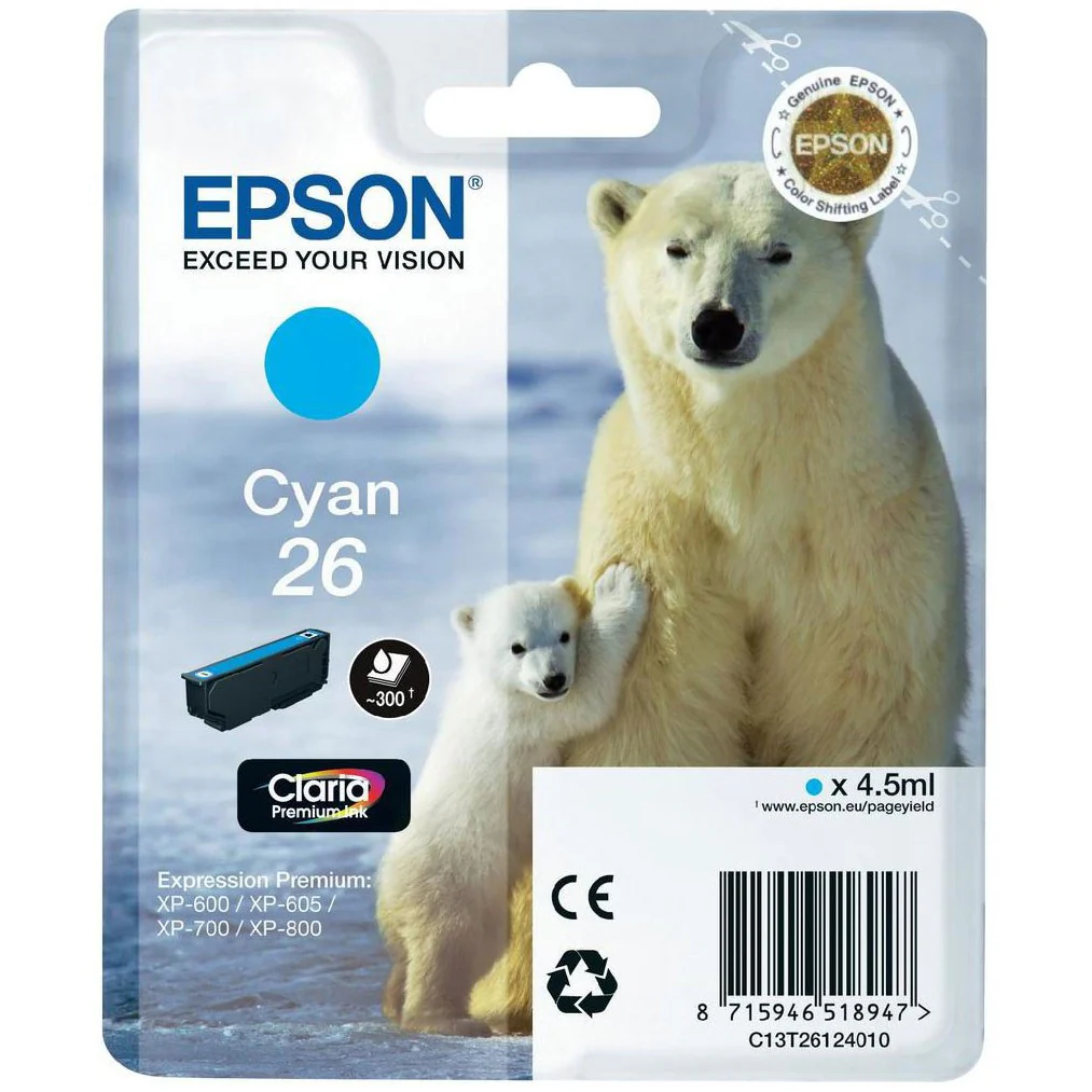 Epson Original T26 Cyan Claria Inkjet Cartridge (Polar Bear)