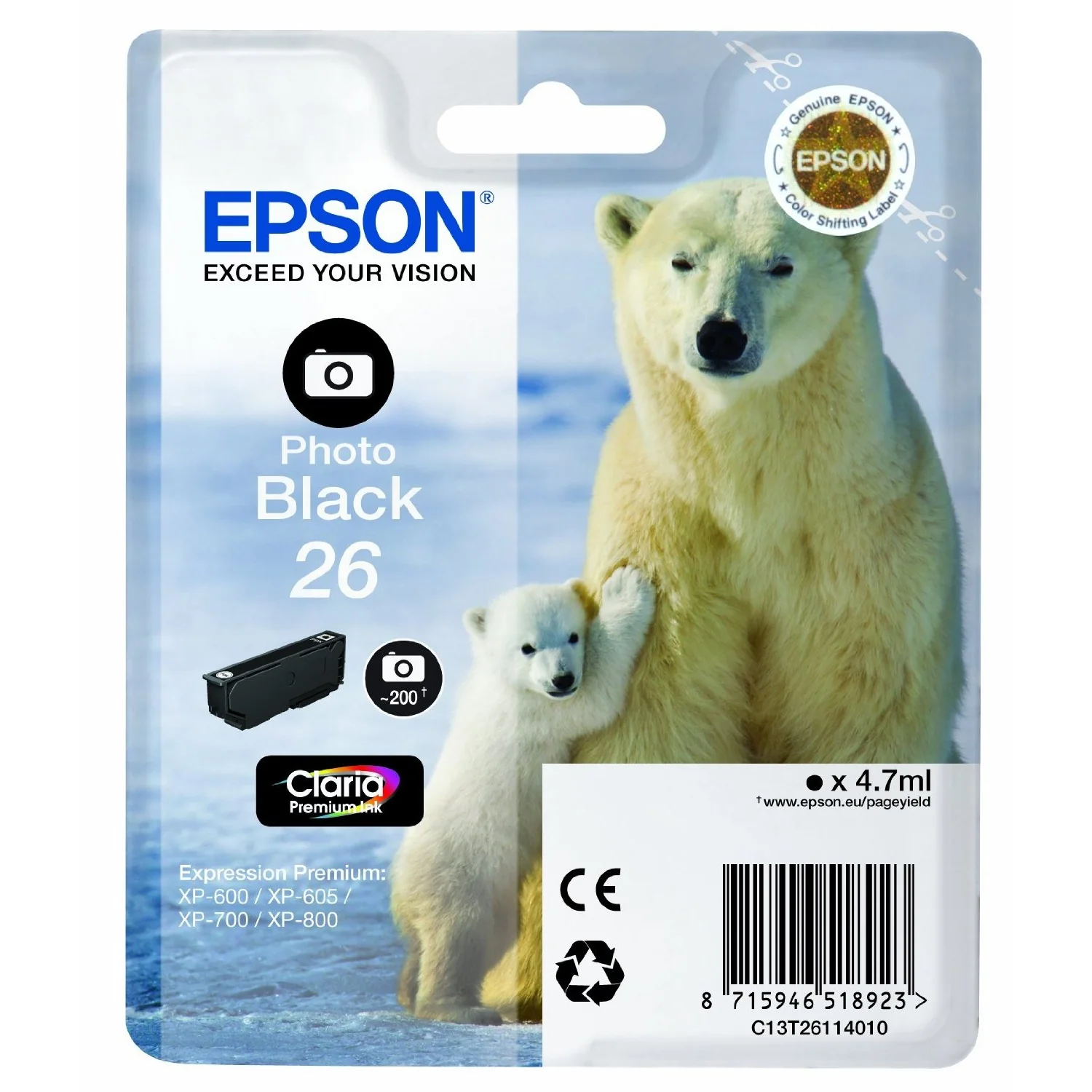 Epson Original T26 PHOTO Black Claria Inkjet Cartridge (Polar Bear)